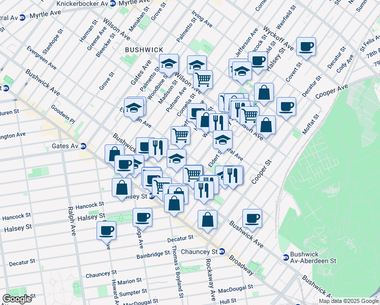 map of restaurants, bars, coffee shops, grocery stores, and more near 119 Weirfield Street in Brooklyn
