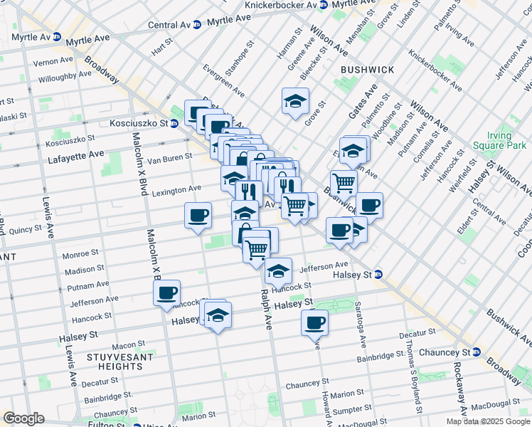 map of restaurants, bars, coffee shops, grocery stores, and more near 1004 Gates Avenue in Brooklyn