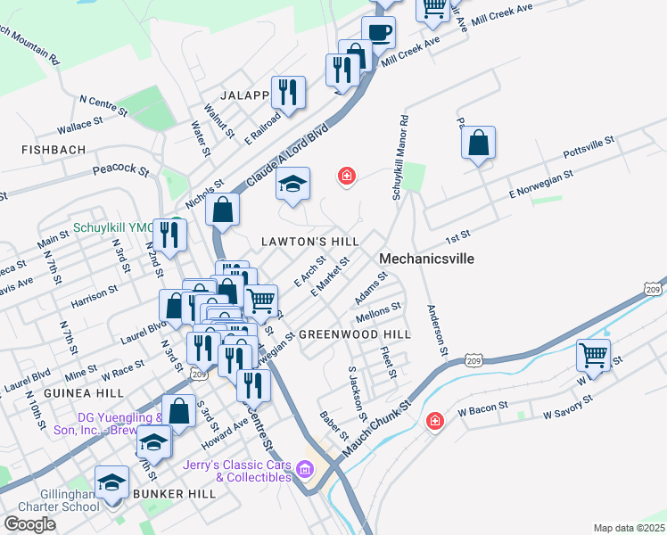 map of restaurants, bars, coffee shops, grocery stores, and more near 528 East Market Street in Pottsville