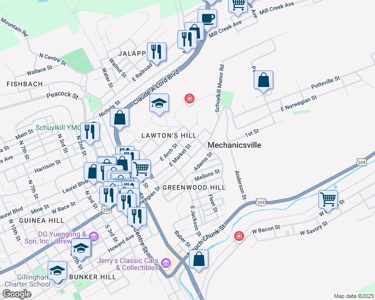map of restaurants, bars, coffee shops, grocery stores, and more near 557 East Market Street in Pottsville