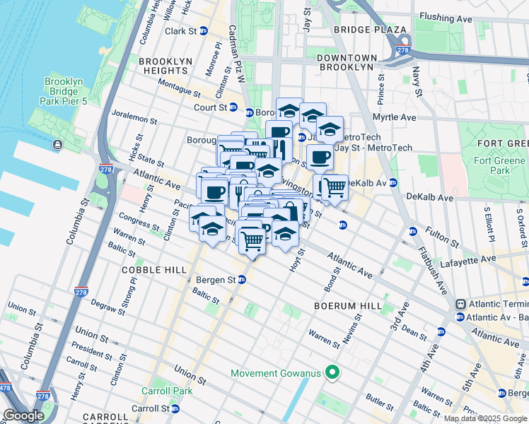 map of restaurants, bars, coffee shops, grocery stores, and more near 275 Atlantic Avenue in Brooklyn