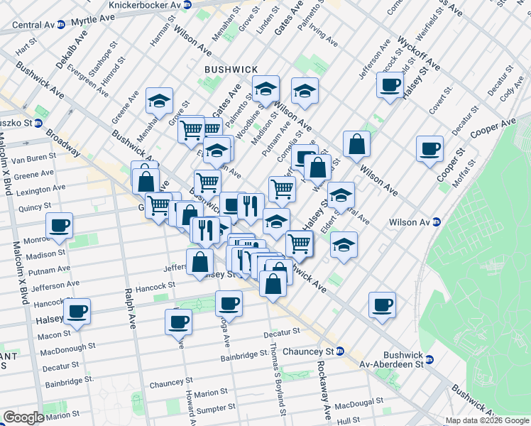 map of restaurants, bars, coffee shops, grocery stores, and more near in Brooklyn