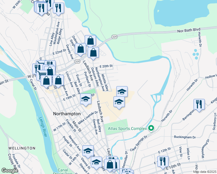 map of restaurants, bars, coffee shops, grocery stores, and more near 1710 Hokendauqua Avenue in Northampton