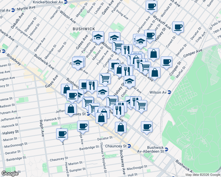 map of restaurants, bars, coffee shops, grocery stores, and more near 585 Evergreen Avenue in Brooklyn