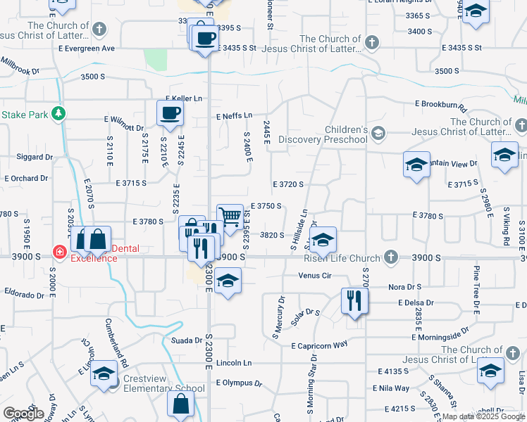 map of restaurants, bars, coffee shops, grocery stores, and more near 2462 East 3750 South in Salt Lake City