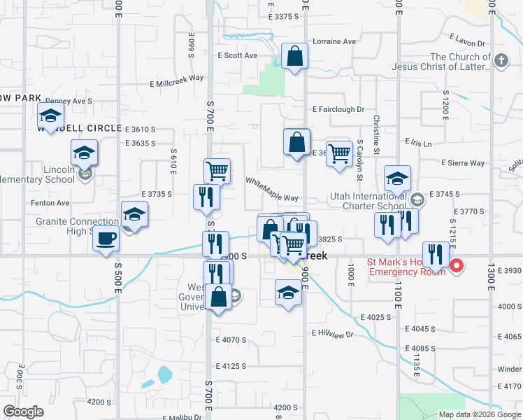 map of restaurants, bars, coffee shops, grocery stores, and more near 800 East 3785 South in Millcreek