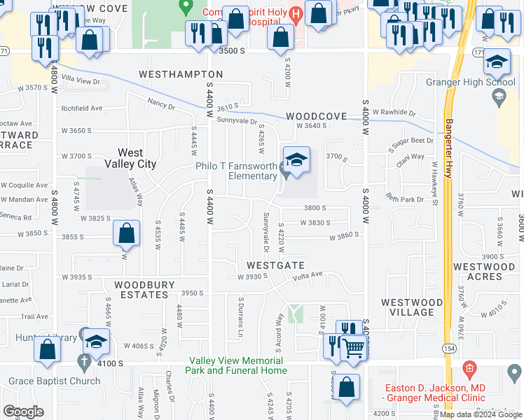 map of restaurants, bars, coffee shops, grocery stores, and more near 3818 Sunnyvale Drive in Salt Lake City