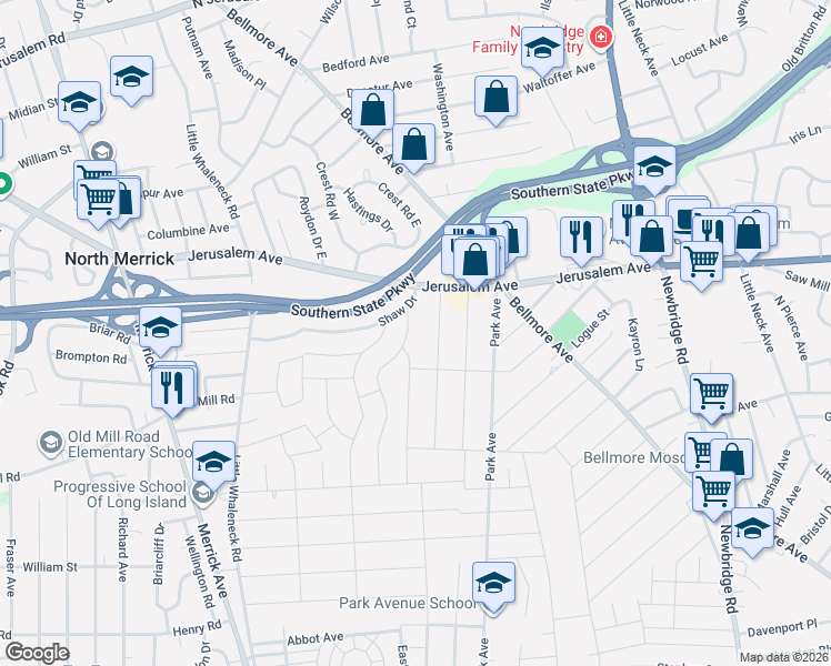 map of restaurants, bars, coffee shops, grocery stores, and more near 24 Winifred Drive in Merrick