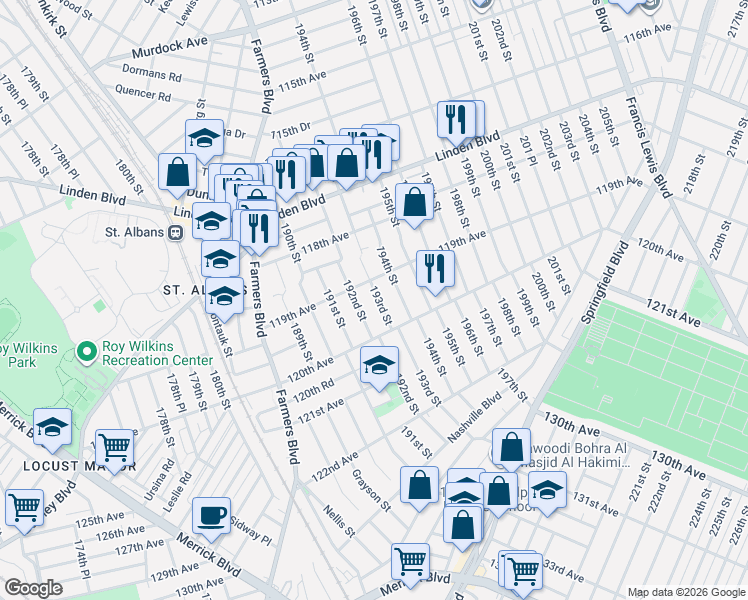map of restaurants, bars, coffee shops, grocery stores, and more near 119-33 193rd Street in Queens