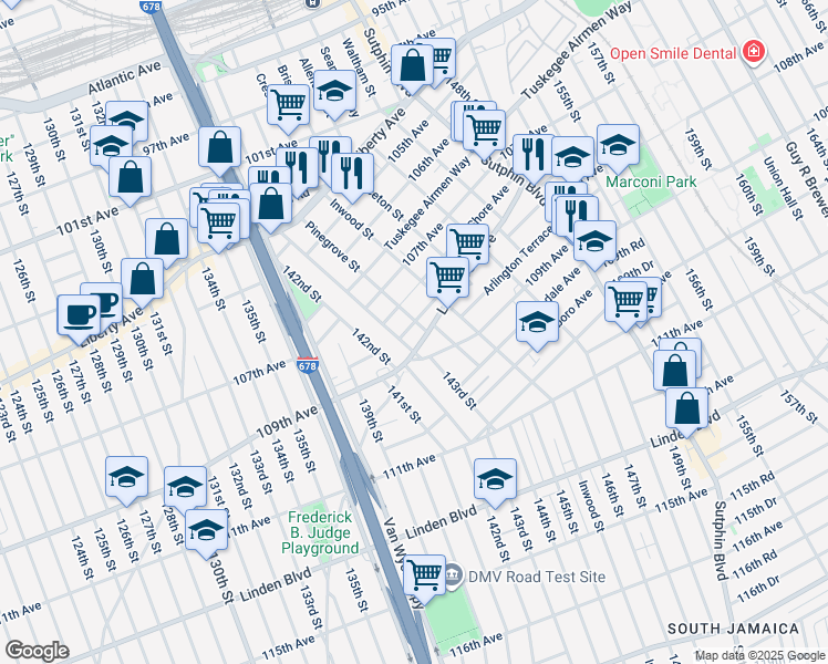 map of restaurants, bars, coffee shops, grocery stores, and more near 143-07 Lux Road in Queens