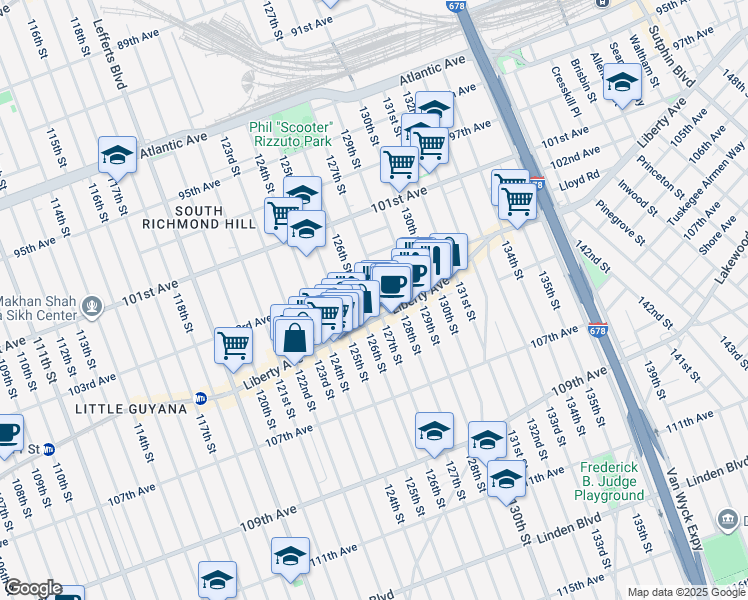 map of restaurants, bars, coffee shops, grocery stores, and more near 126-17 Liberty Avenue in Queens