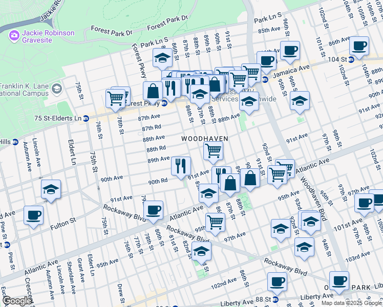 map of restaurants, bars, coffee shops, grocery stores, and more near 89-16 86th Street in Queens