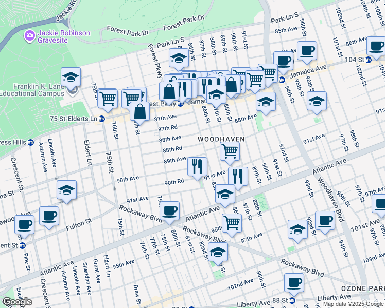 map of restaurants, bars, coffee shops, grocery stores, and more near 84-04 89th Avenue in Queens