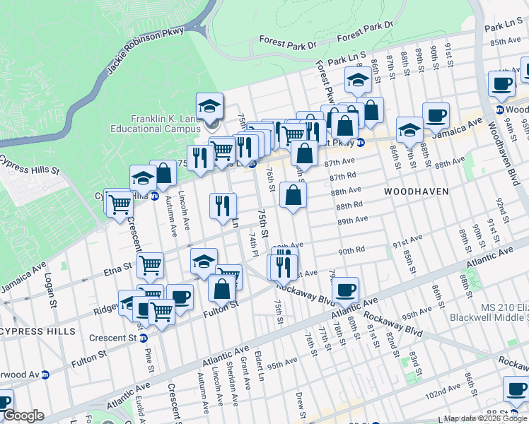 map of restaurants, bars, coffee shops, grocery stores, and more near 74-38 88th Avenue in Queens