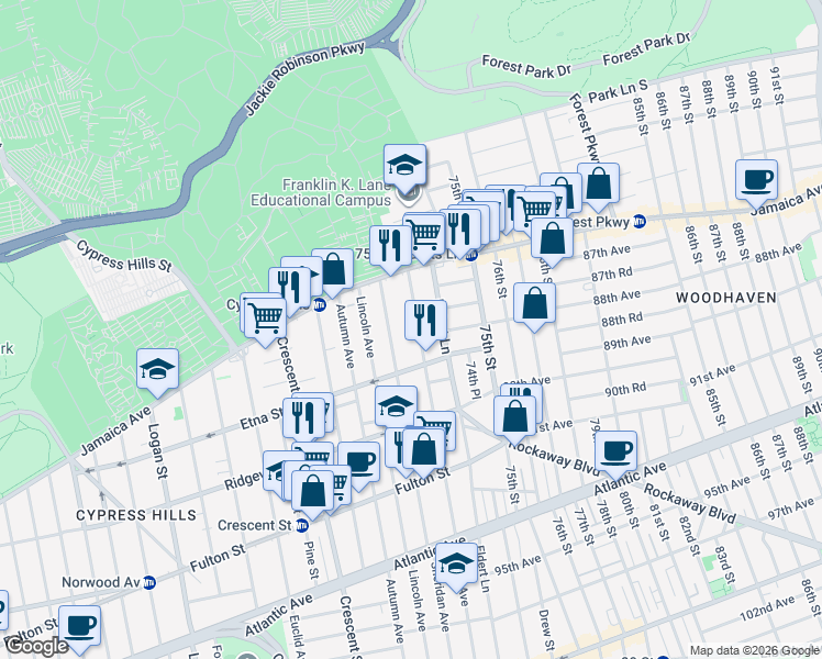 map of restaurants, bars, coffee shops, grocery stores, and more near 82 Grant Avenue in Brooklyn