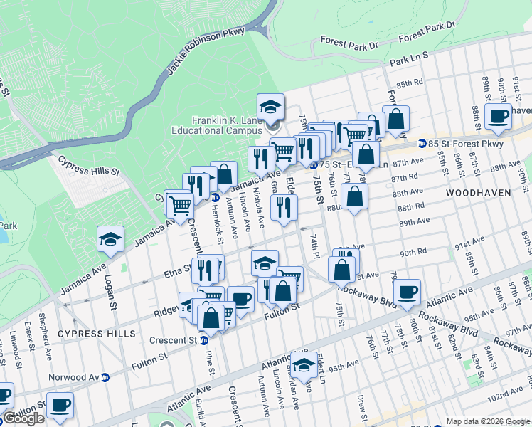 map of restaurants, bars, coffee shops, grocery stores, and more near 82 Grant Avenue in Brooklyn