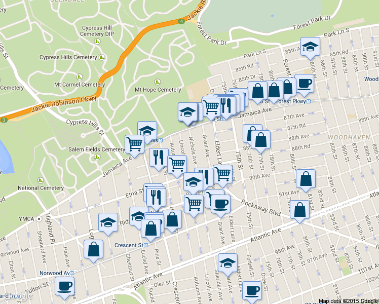 map of restaurants, bars, coffee shops, grocery stores, and more near 59 Lincoln Avenue in Brooklyn