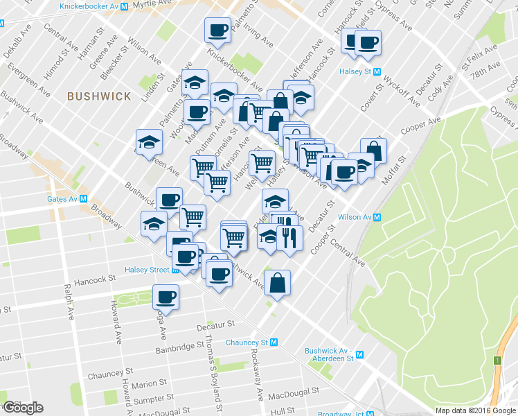 map of restaurants, bars, coffee shops, grocery stores, and more near 155 Eldert Street in Brooklyn