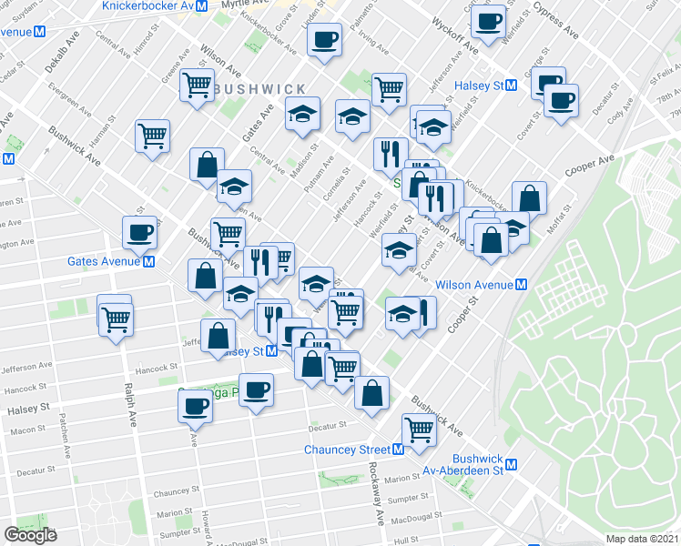 map of restaurants, bars, coffee shops, grocery stores, and more near 1095 Halsey Street in Brooklyn