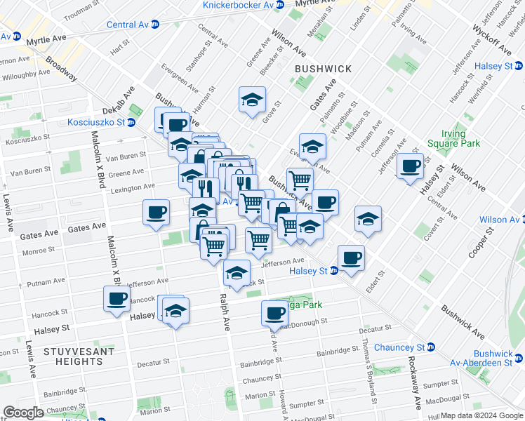 map of restaurants, bars, coffee shops, grocery stores, and more near 1390 Broadway in Brooklyn