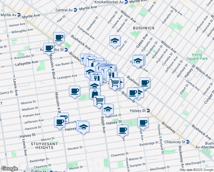 map of restaurants, bars, coffee shops, grocery stores, and more near 831 Monroe Street in Brooklyn
