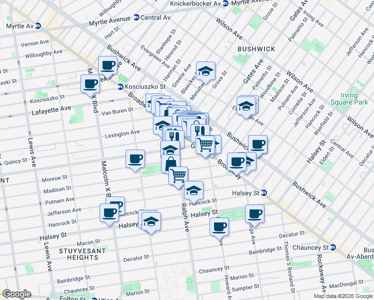 map of restaurants, bars, coffee shops, grocery stores, and more near 1010-1012 Gates Avenue in Brooklyn