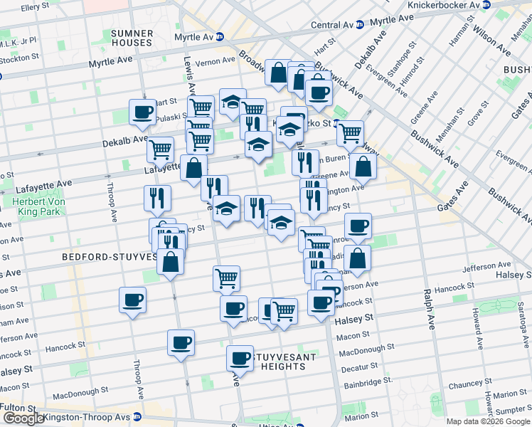 map of restaurants, bars, coffee shops, grocery stores, and more near 639 Quincy Street in Brooklyn