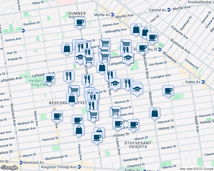map of restaurants, bars, coffee shops, grocery stores, and more near 218 Lewis Avenue in Brooklyn