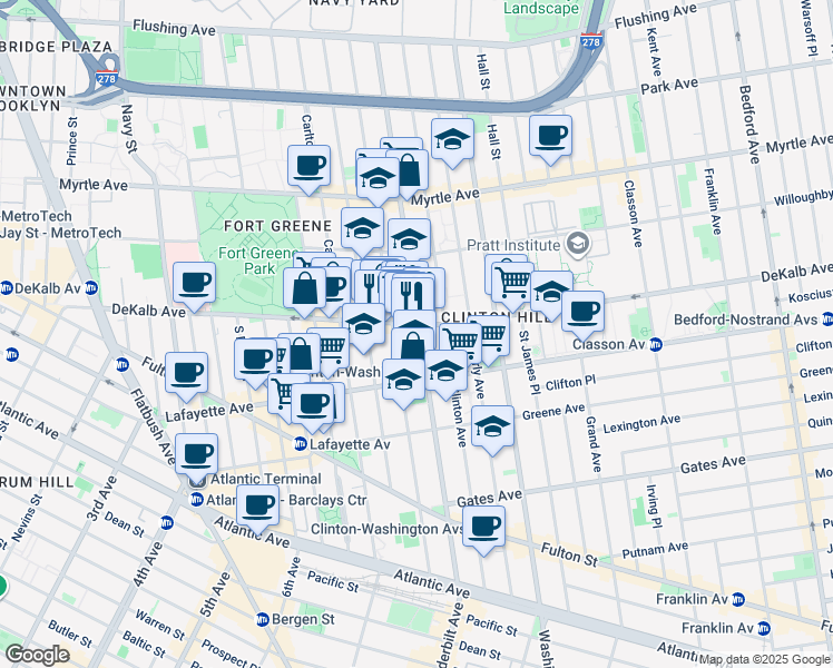 map of restaurants, bars, coffee shops, grocery stores, and more near 276 Vanderbilt Avenue in Brooklyn