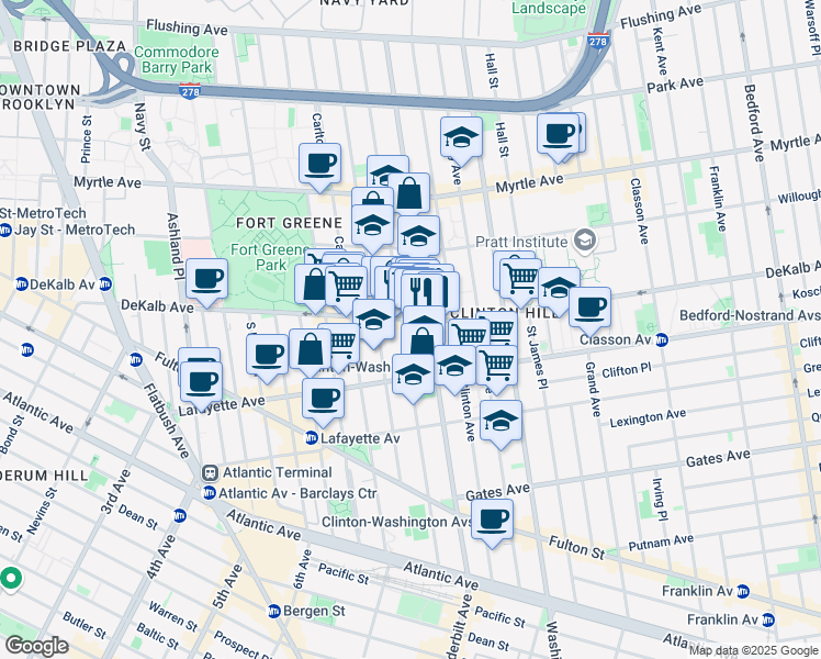 map of restaurants, bars, coffee shops, grocery stores, and more near 276 Vanderbilt Avenue in Brooklyn