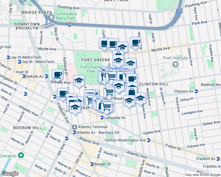 map of restaurants, bars, coffee shops, grocery stores, and more near 231 Cumberland Street in Brooklyn