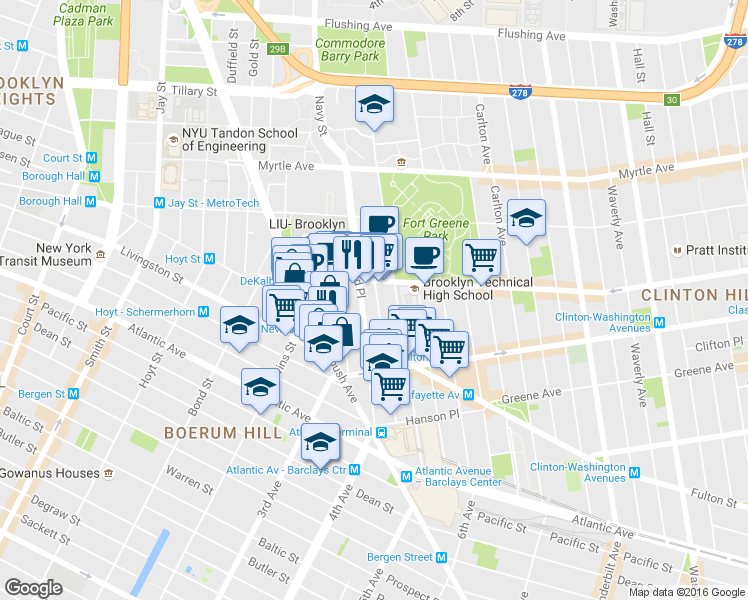 map of restaurants, bars, coffee shops, grocery stores, and more near 201 1/2 Ashland Place in Brooklyn
