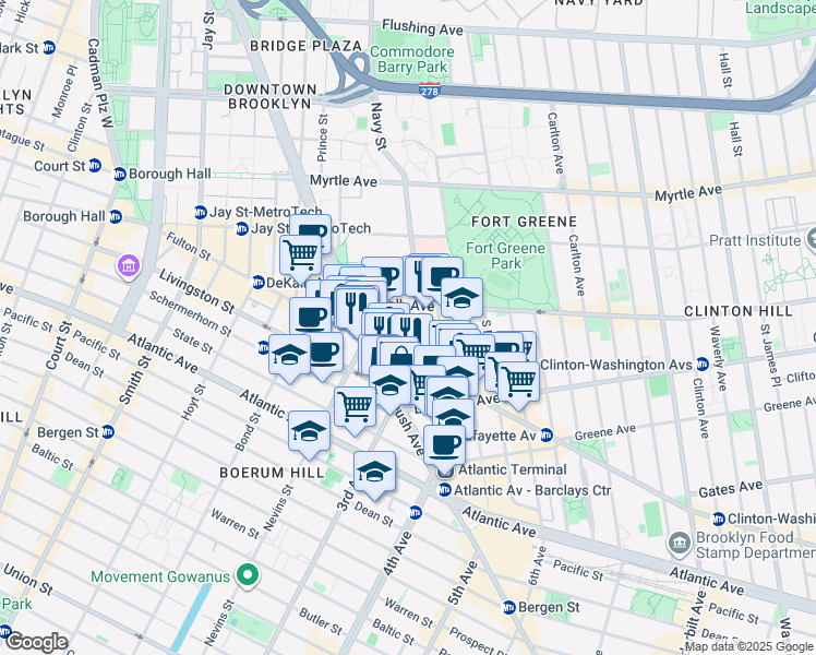 map of restaurants, bars, coffee shops, grocery stores, and more near 201 1/2 Ashland Place in Brooklyn