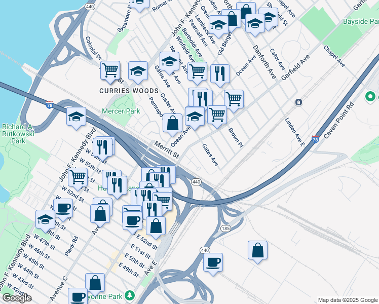 map of restaurants, bars, coffee shops, grocery stores, and more near 92 Garfield Avenue in Jersey City