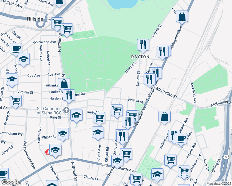 map of restaurants, bars, coffee shops, grocery stores, and more near 1309 Virginia Street in Elizabeth