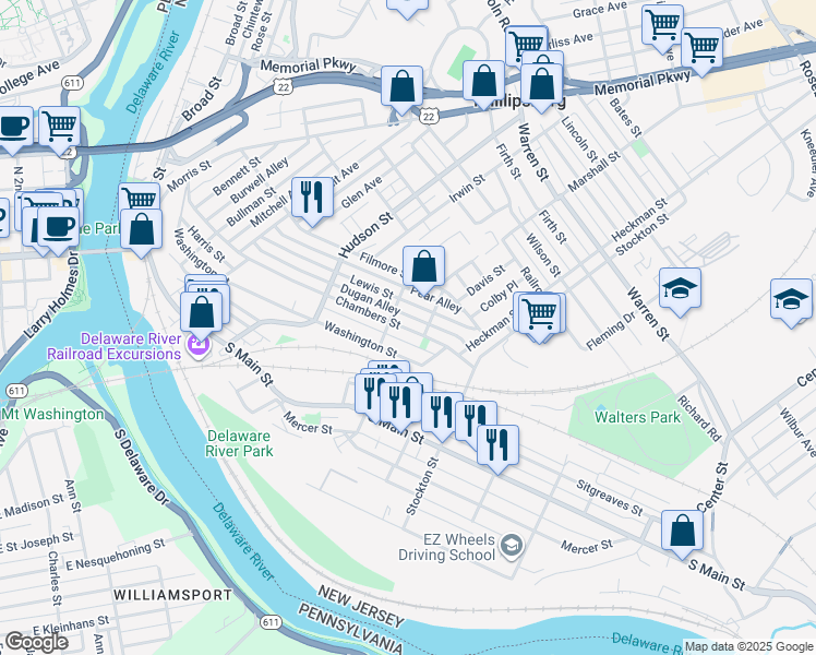 map of restaurants, bars, coffee shops, grocery stores, and more near 292 Chambers Street in Phillipsburg