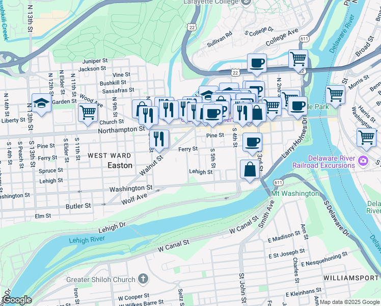map of restaurants, bars, coffee shops, grocery stores, and more near 123 South 6th Street in Easton