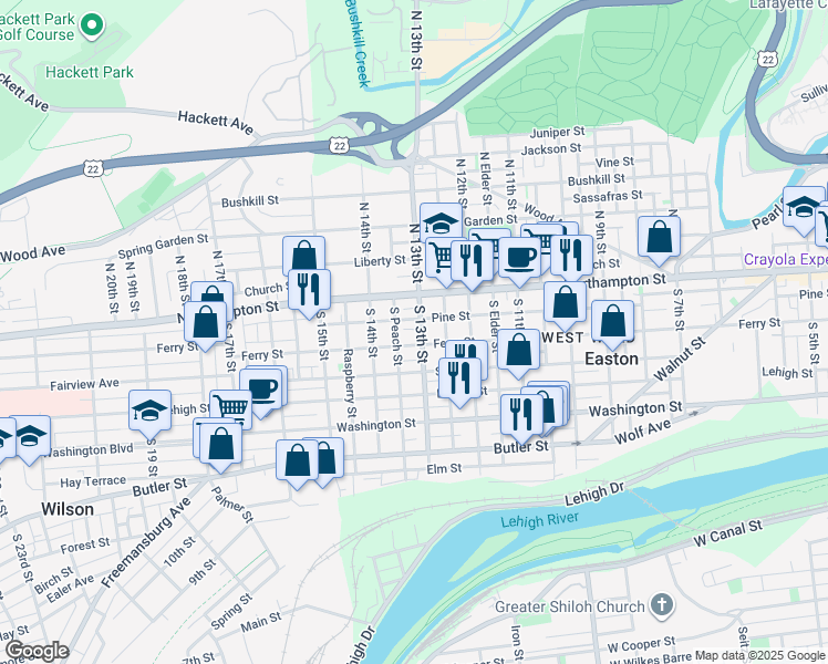 map of restaurants, bars, coffee shops, grocery stores, and more near 1251 Ferry Street in Easton