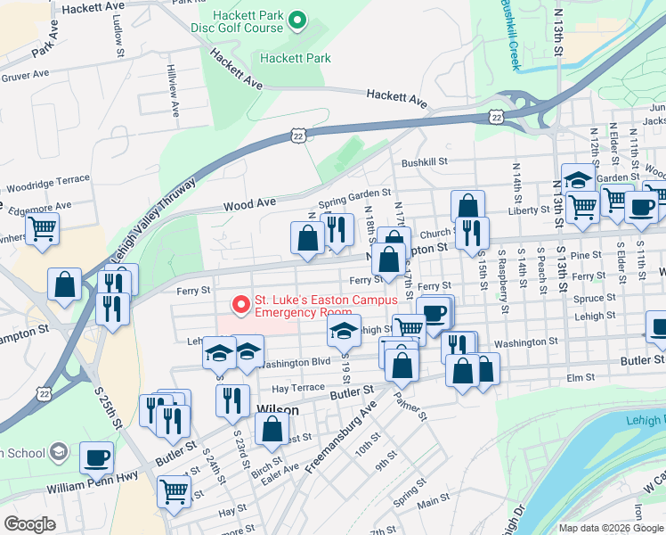 map of restaurants, bars, coffee shops, grocery stores, and more near 1857 Ferry Street in Easton