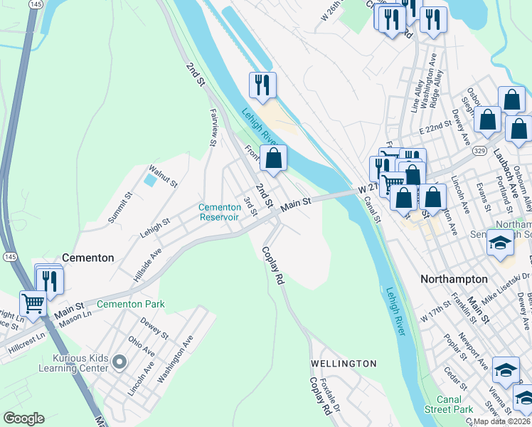 map of restaurants, bars, coffee shops, grocery stores, and more near 5219 Pennsylvania 329 in Lehigh County