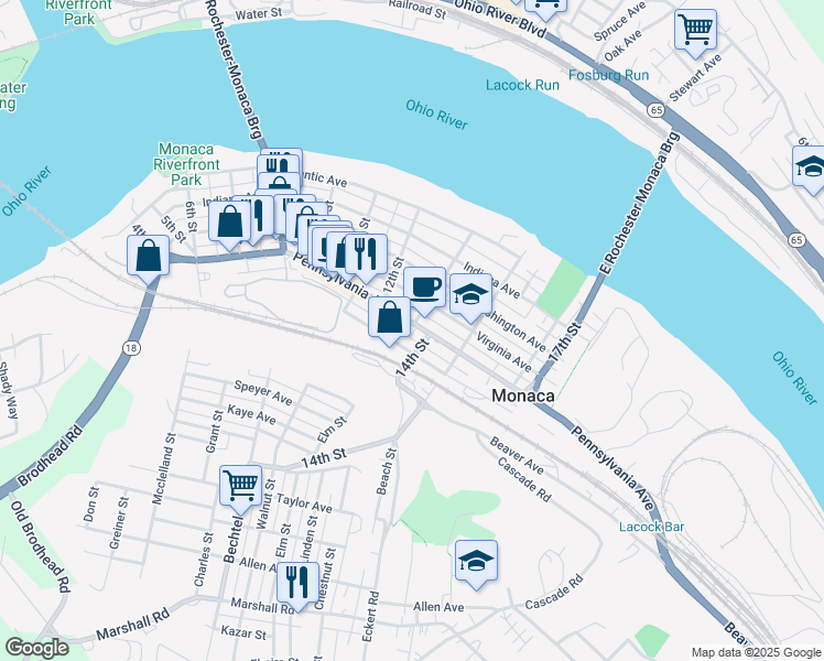 map of restaurants, bars, coffee shops, grocery stores, and more near 1298 Pennsylvania Avenue in Monaca