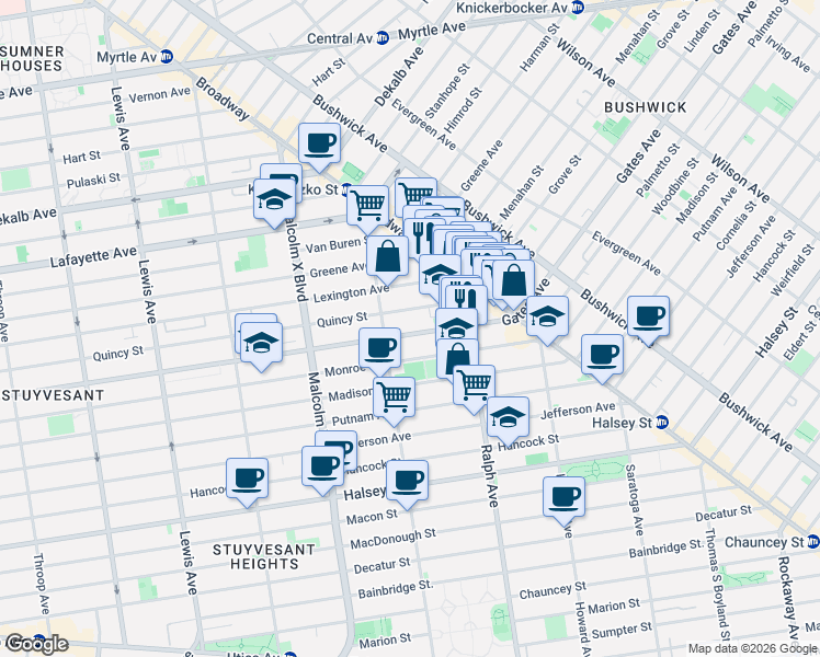 map of restaurants, bars, coffee shops, grocery stores, and more near 979 Gates Avenue in Brooklyn