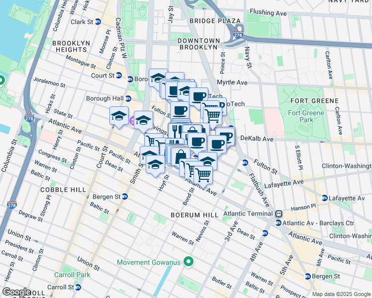 map of restaurants, bars, coffee shops, grocery stores, and more near 45 Hoyt Street in Brooklyn