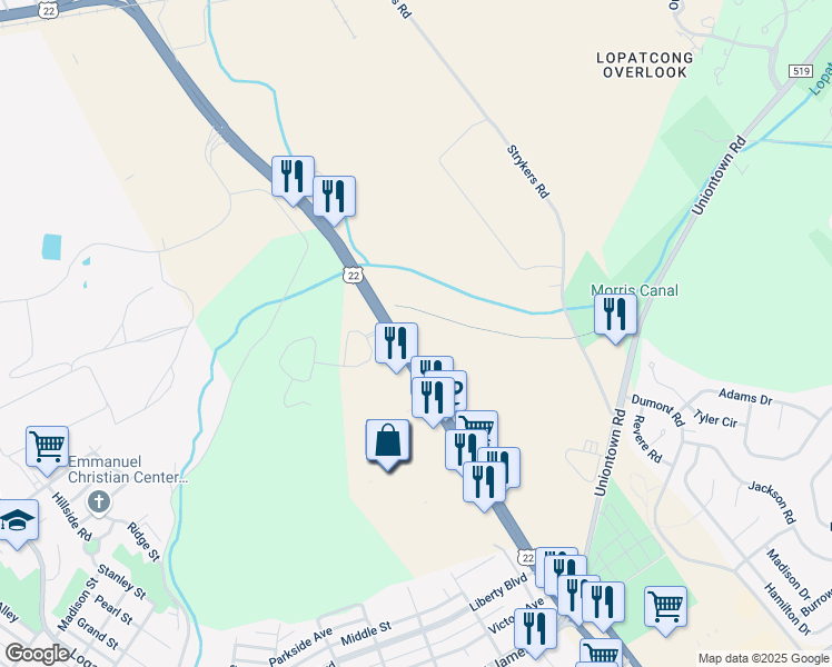 map of restaurants, bars, coffee shops, grocery stores, and more near 1165 U.S. 22 in Phillipsburg