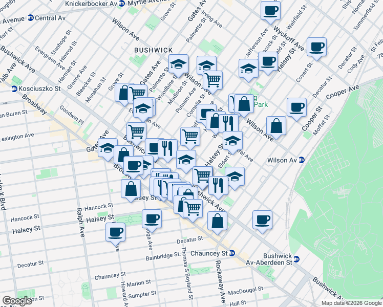 map of restaurants, bars, coffee shops, grocery stores, and more near 1086 Hancock Street in Brooklyn