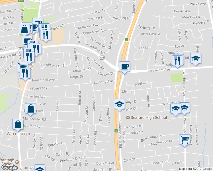 map of restaurants, bars, coffee shops, grocery stores, and more near 3690 Lufberry Avenue in Wantagh