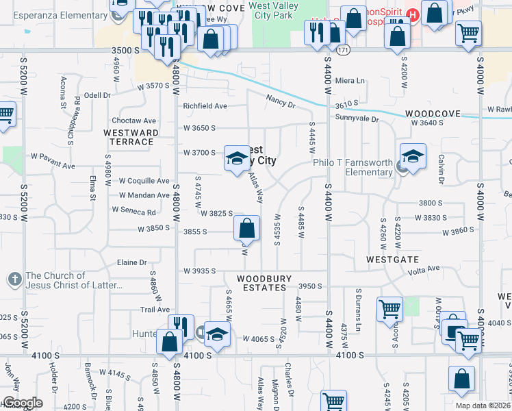 map of restaurants, bars, coffee shops, grocery stores, and more near 3816 Atlas Way in West Valley City