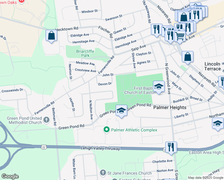 map of restaurants, bars, coffee shops, grocery stores, and more near 38 Ridgewood Road in Easton