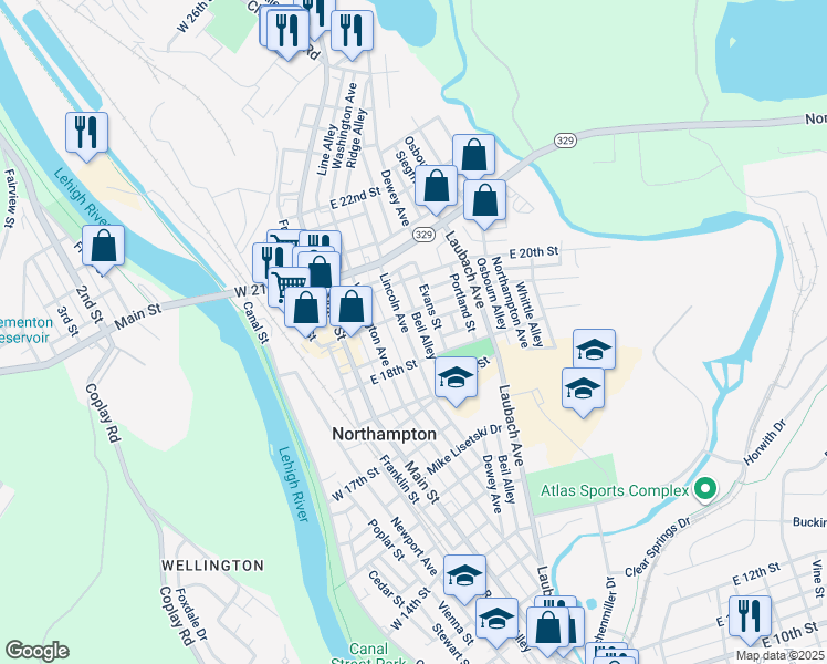 map of restaurants, bars, coffee shops, grocery stores, and more near 1841 Lincoln Avenue in Northampton