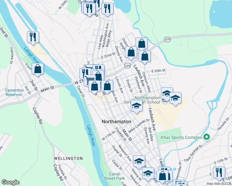 map of restaurants, bars, coffee shops, grocery stores, and more near 1802 Lincoln Avenue in Northampton